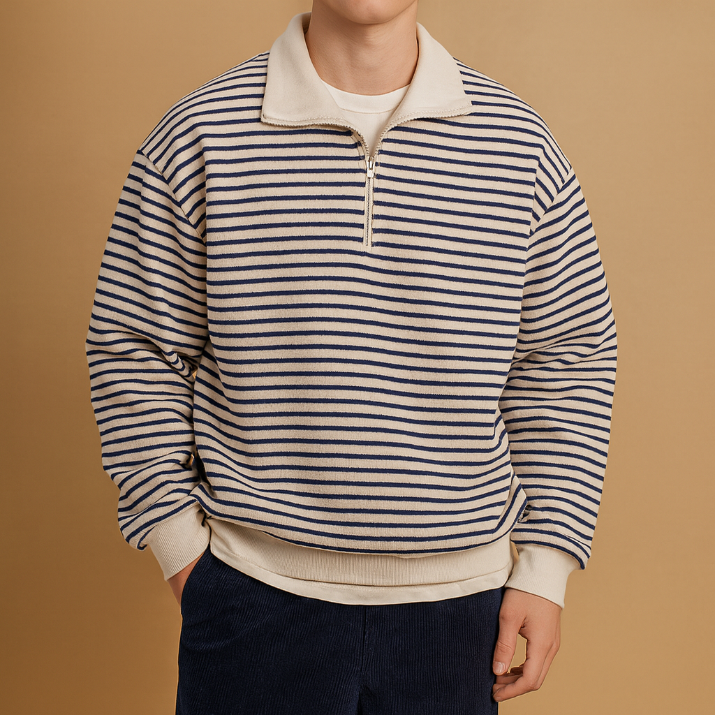 Gestreepte pullover met halve rits voor heren, comfortabele pasvorm en casual design. Ideaal voor dagelijks gebruik en stijlvolle casual outfits.