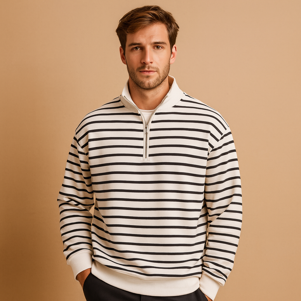 Gestreepte pullover met halve rits voor heren, comfortabele pasvorm en casual design. Ideaal voor dagelijks gebruik en stijlvolle casual outfits.