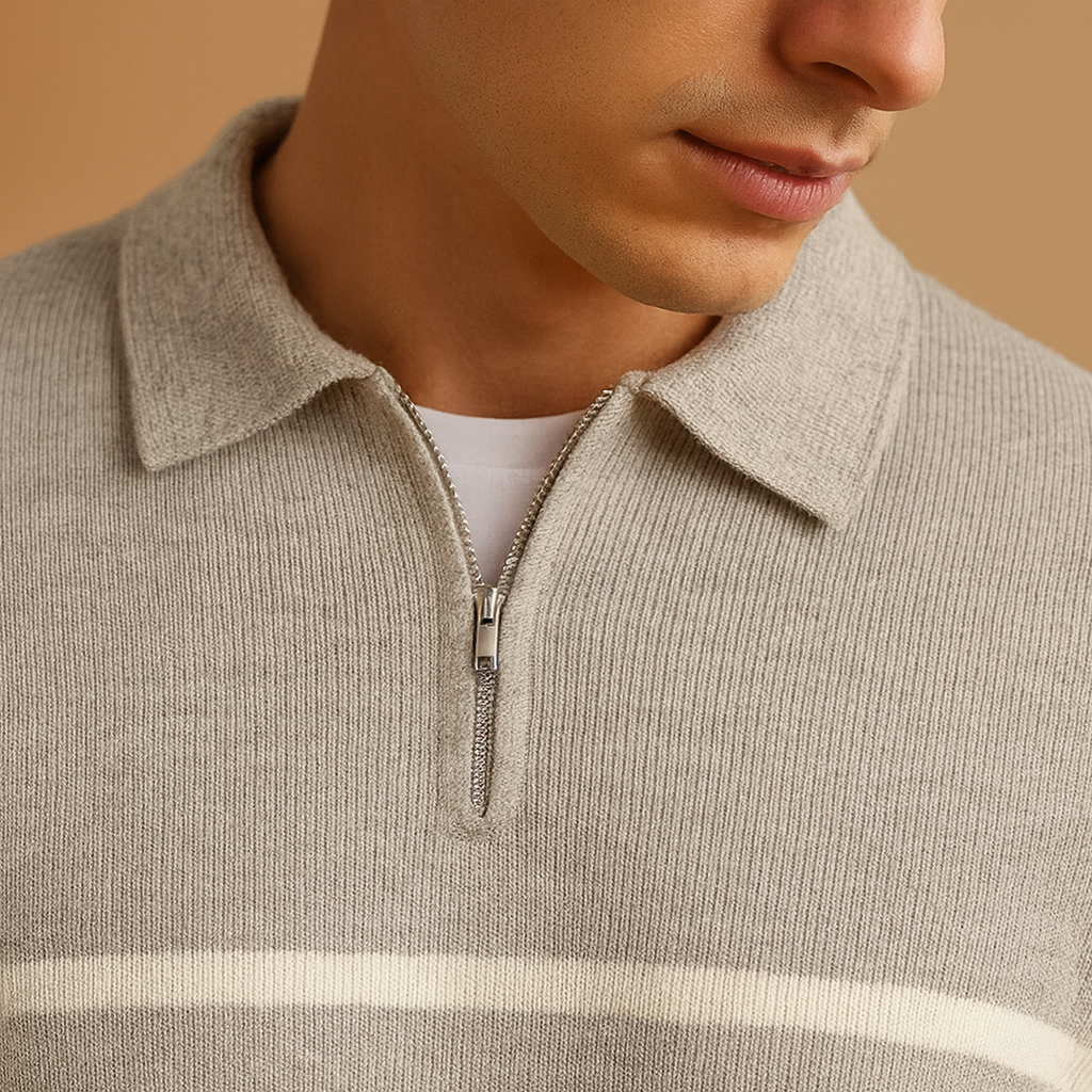 Gestreepte zip trui voor heren met halve rits, sportief design en comfortabele pasvorm. Perfect te dragen bij casual en semi-formele outfits.