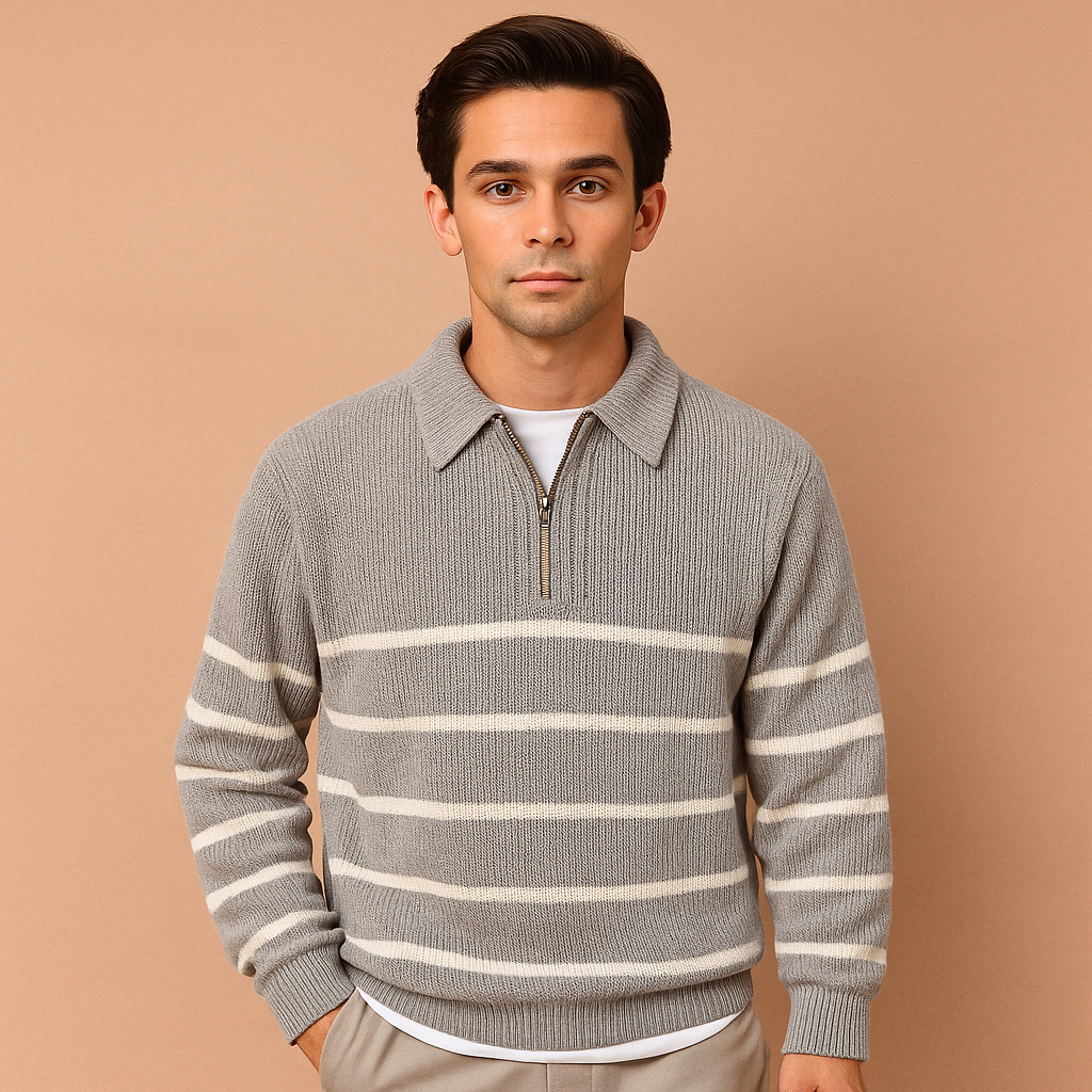 Gestreepte zip trui voor heren met halve rits, sportief design en comfortabele pasvorm. Perfect te dragen bij casual en semi-formele outfits.