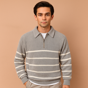 Gestreepte zip trui voor heren met halve rits, sportief design en comfortabele pasvorm. Perfect te dragen bij casual en semi-formele outfits.