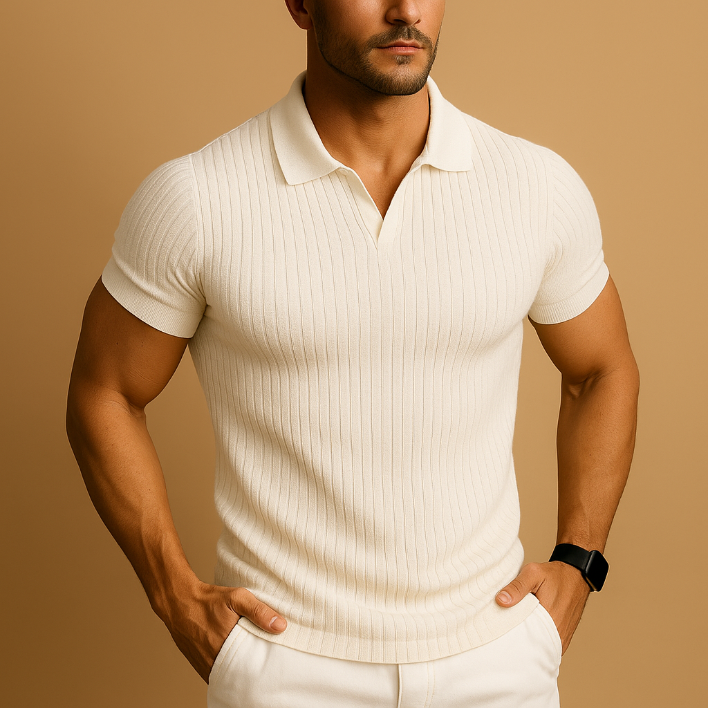 Heren poloshirt met V-hals, slanke pasvorm en korte mouwen, stijlvol casual design met ribboordweefsel en reverskraag.