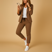 Dames set met blazer en pantalon in lavendel, zwart en beige – ideaal voor formele gelegenheden, werk en stijlvolle avonden.
