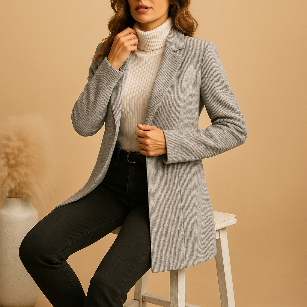 Elegante getailleerde damesblazer met lange mouwen, ideaal voor zakelijke bijeenkomsten of formele gelegenheden.