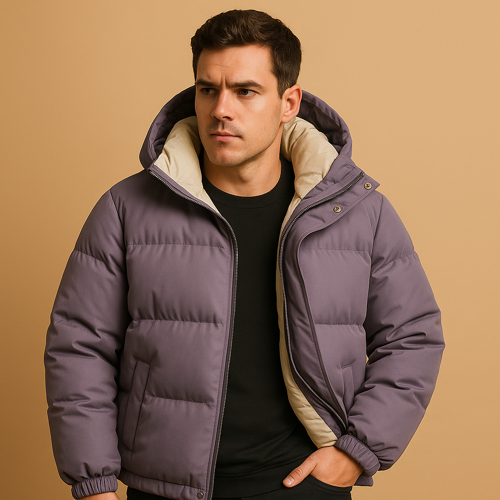 Gewatteerde pufferjas met capuchon voor heren, licht en warm met sportief design, ideaal voor koude winterdagen en outdooractiviteiten.