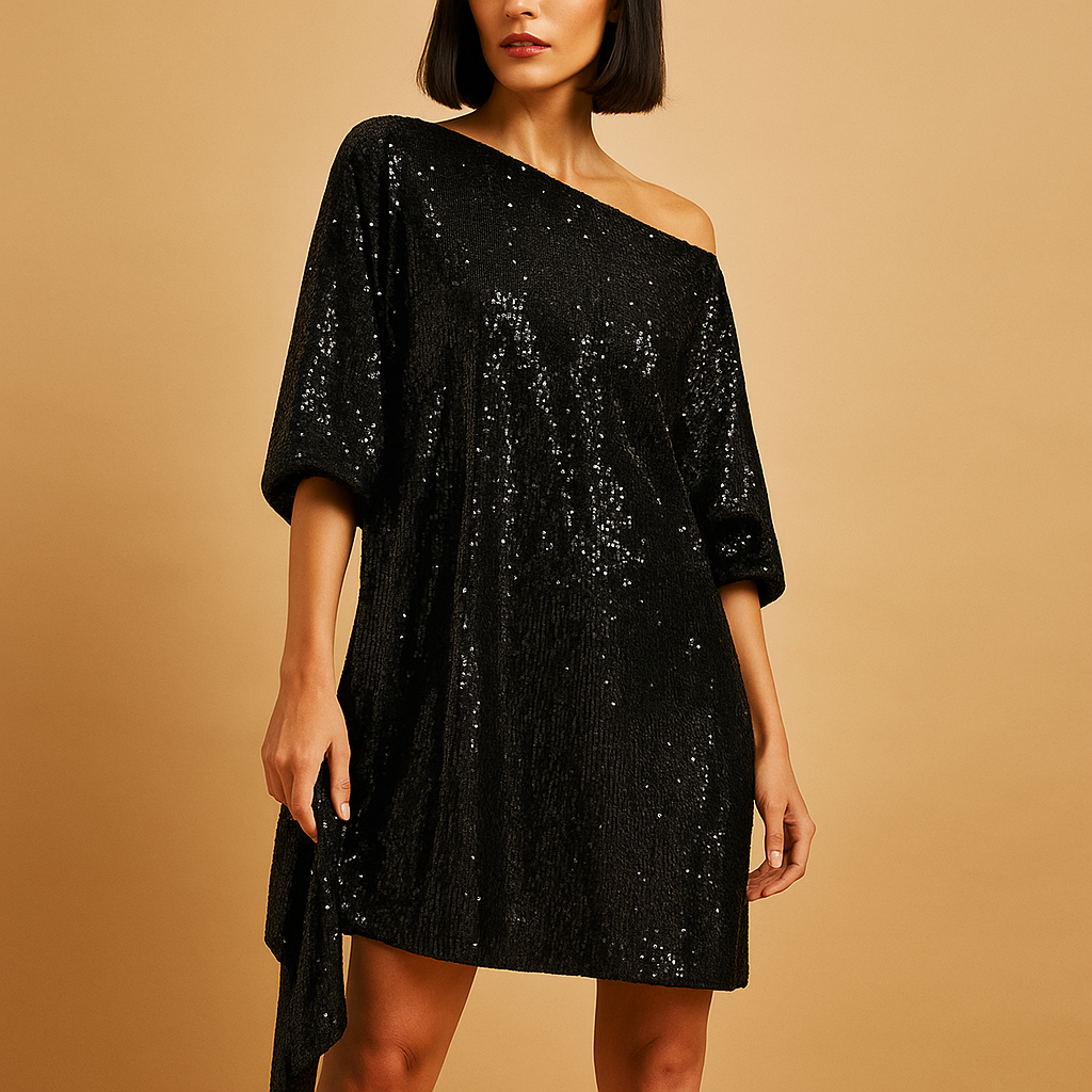 Luxe damesjurk met pailletten en elegante ruches, ideaal voor gala’s, feestjes en stijlvolle avonden