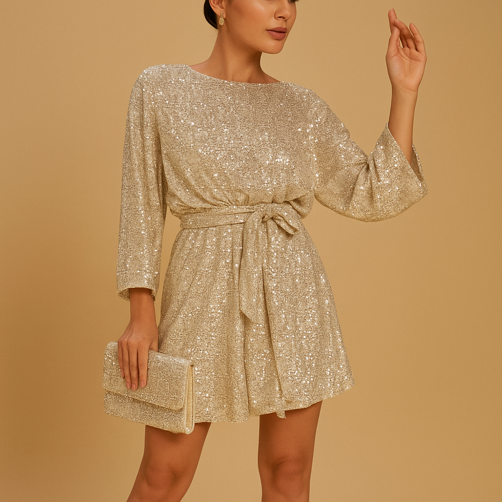 Luxe damesjurk met pailletten en elegante ruches, ideaal voor gala’s, feestjes en stijlvolle avonden