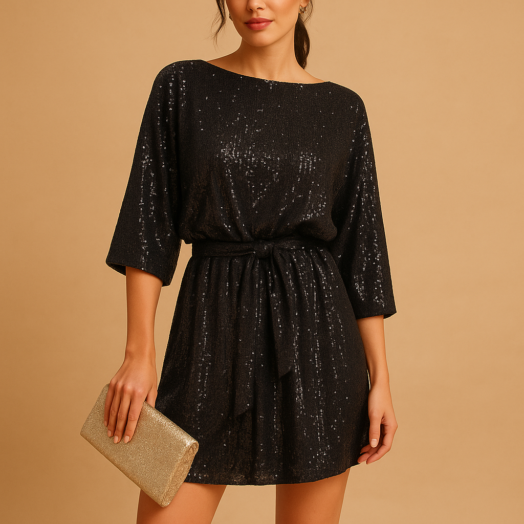Luxe damesjurk met pailletten en elegante ruches, ideaal voor gala’s, feestjes en stijlvolle avonden