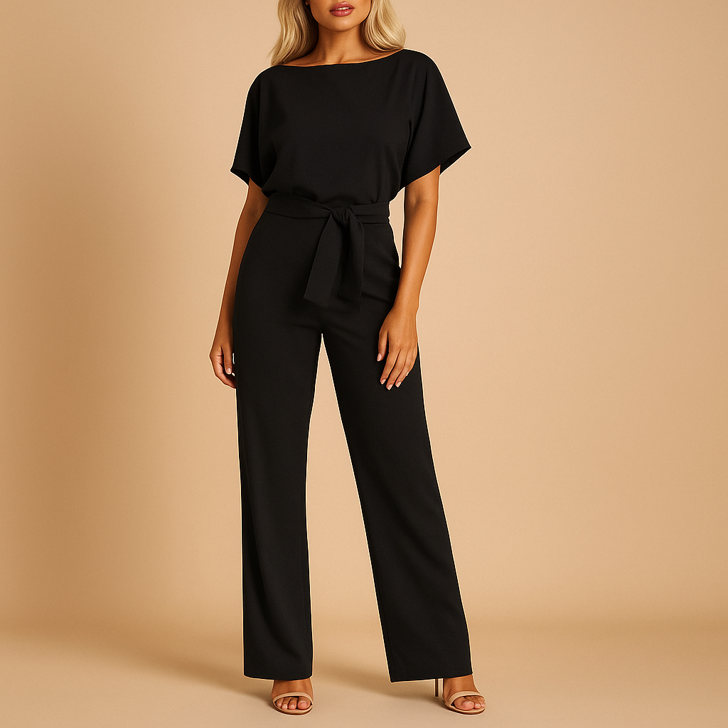 Dames jumpsuit met halternek, open rug en glitterstof – ideaal voor feestjes, gala’s en elegante gelegenheden.