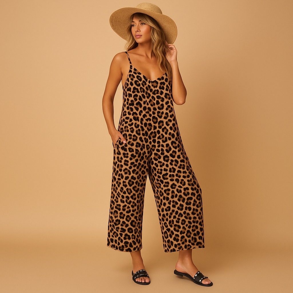Dames halterjumpsuit met luipaardprint in blauw, khaki of koffie. Luchtige pasvorm, perfect voor zomerse gelegenheden.