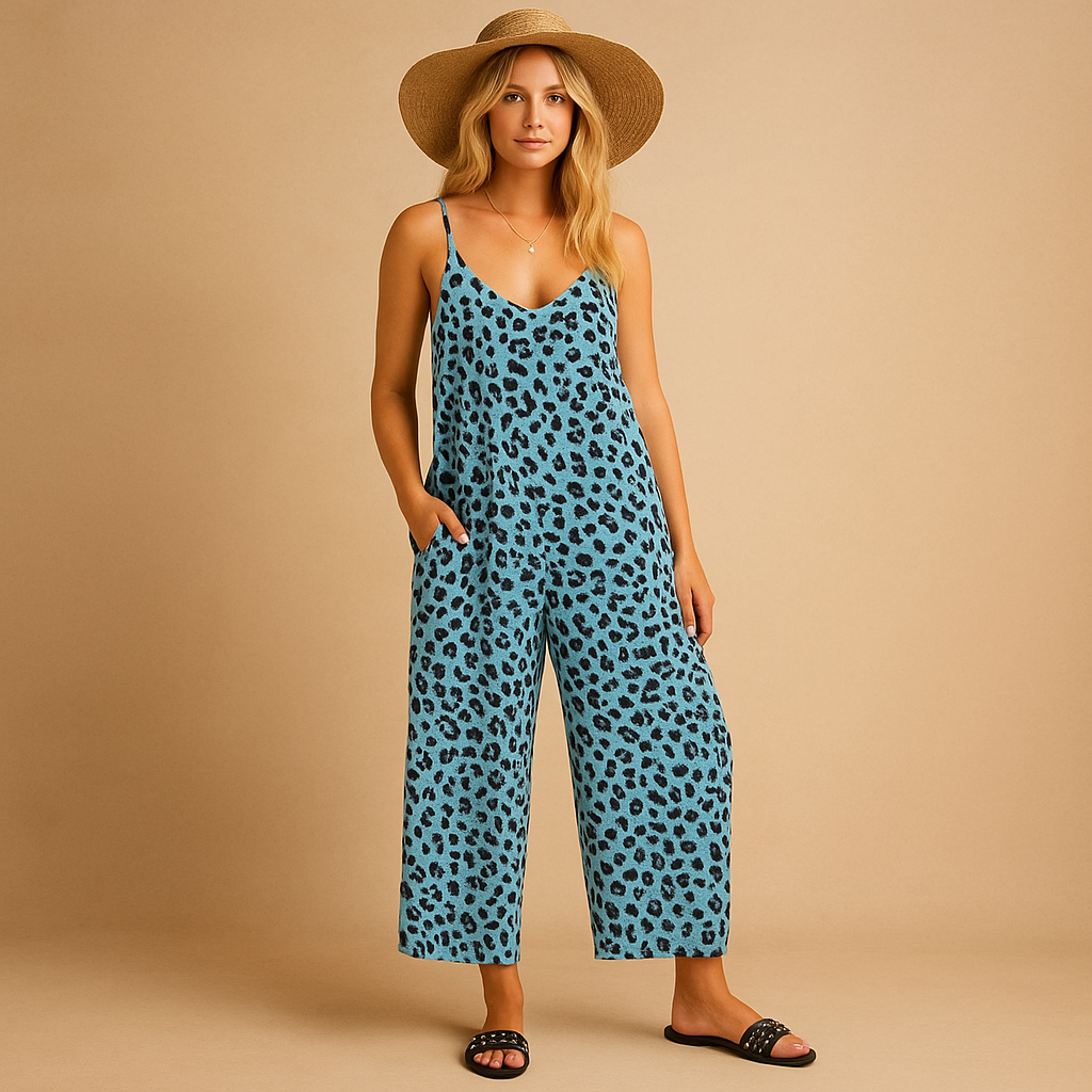 Dames halterjumpsuit met luipaardprint in blauw, khaki of koffie. Luchtige pasvorm, perfect voor zomerse gelegenheden.