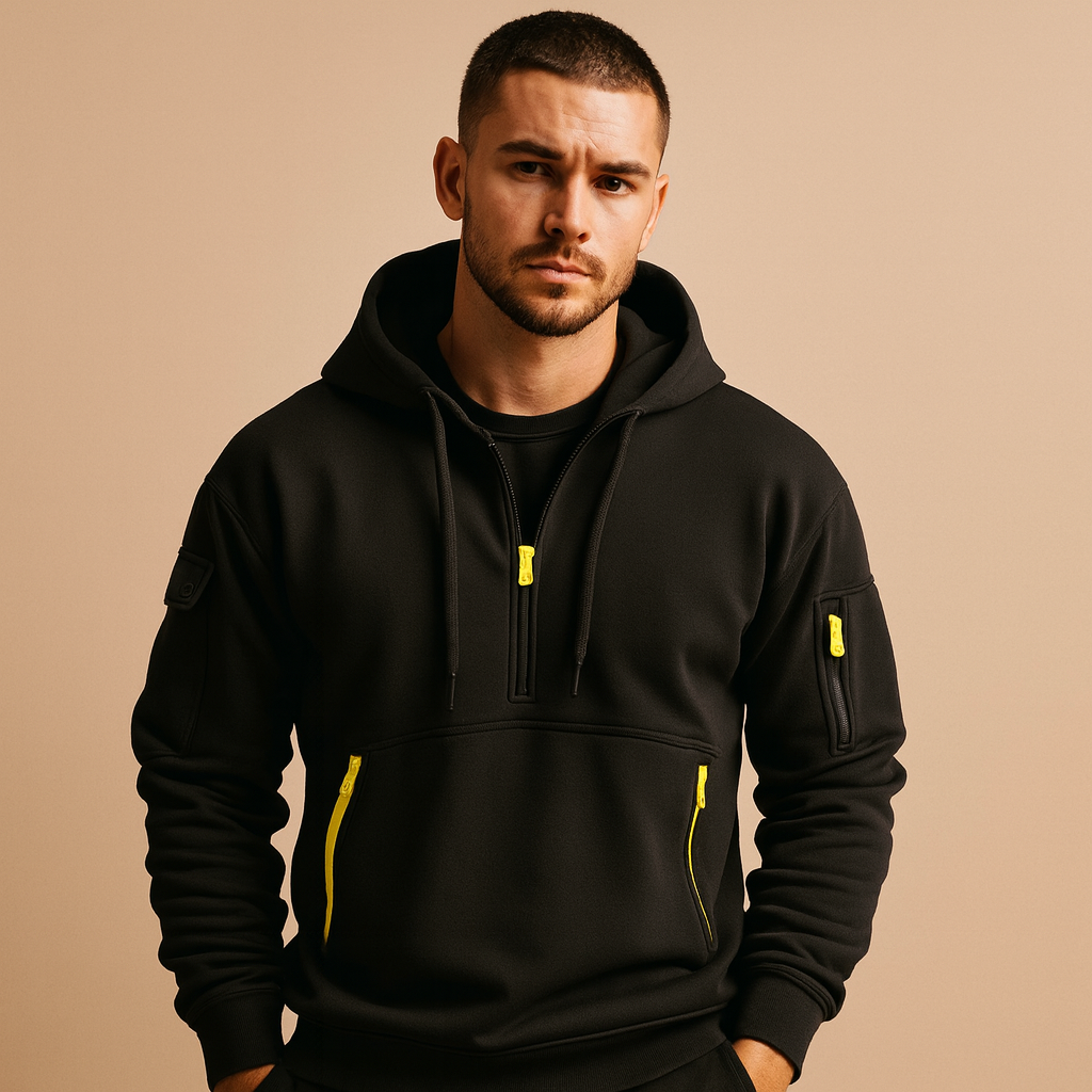 Heren hoodie met capuchon in khaki, zwart, grijs en marineblauw. Comfortabel en veelzijdig, ideaal voor casual en sportieve outfits in de herfst en winter.