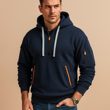 Heren hoodie met capuchon in khaki, zwart, grijs en marineblauw. Comfortabel en veelzijdig, ideaal voor casual en sportieve outfits in de herfst en winter.