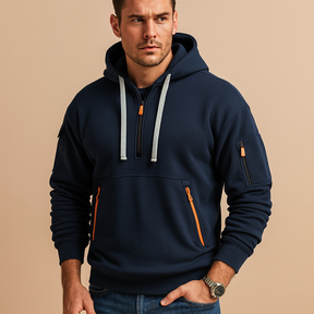 Heren hoodie met capuchon in khaki, zwart, grijs en marineblauw. Comfortabel en veelzijdig, ideaal voor casual en sportieve outfits in de herfst en winter.