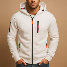 Heren hoodie met rits en capuchon, verkrijgbaar in meerdere kleuren. Comfortabel en veelzijdig voor casual en sportieve outfits in de herfst en winter.