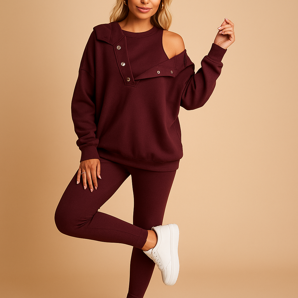 Dames hoodie en joggerset van zachte stof in relaxte pasvorm, perfect voor thuis of buitenshuis tijdens herfst en winter
