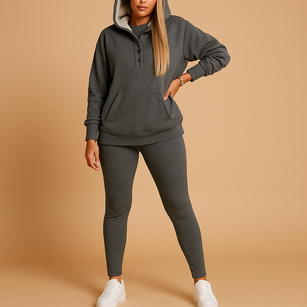 Dames hoodie en joggerset van zachte stof in relaxte pasvorm, perfect voor thuis of buitenshuis tijdens herfst en winter