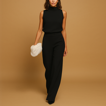 Stijlvolle dames jumpsuit met hoge taille, halterhals en wijde pijpen – ideaal voor feestelijke gelegenheden en avondjes uit.
