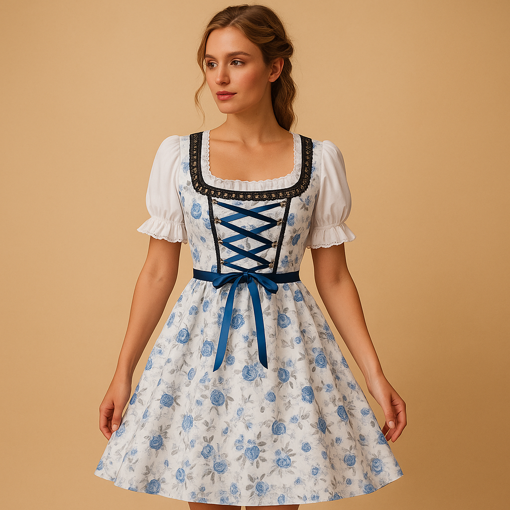Dirndl jurk voor dames in donkerblauw met wit schort en kanten details, ideaal voor Oktoberfest en traditionele feestgelegenheden.