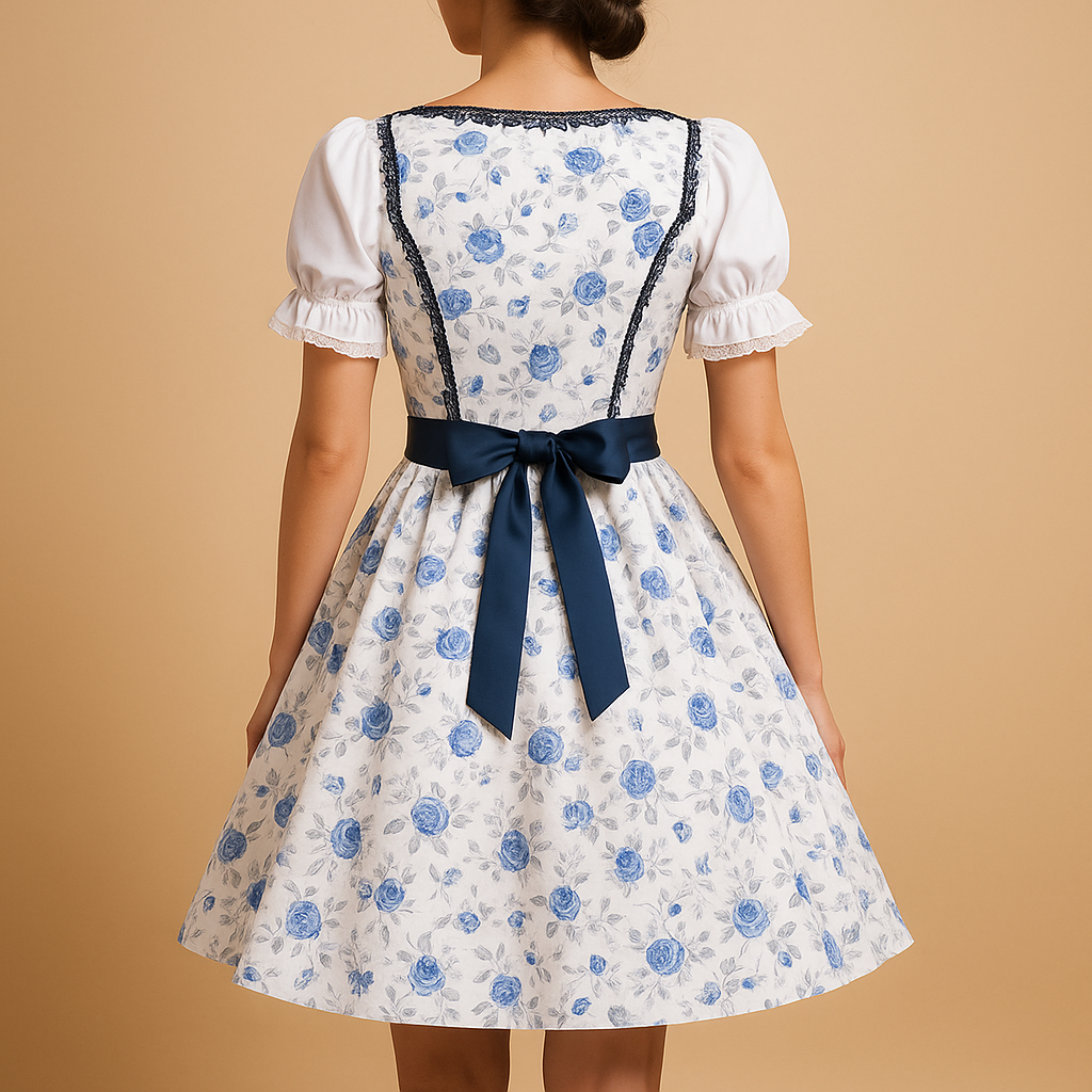 Dirndl jurk voor dames in donkerblauw met wit schort en kanten details, ideaal voor Oktoberfest en traditionele feestgelegenheden.