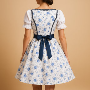 Dirndl jurk voor dames in donkerblauw met wit schort en kanten details, ideaal voor Oktoberfest en traditionele feestgelegenheden.