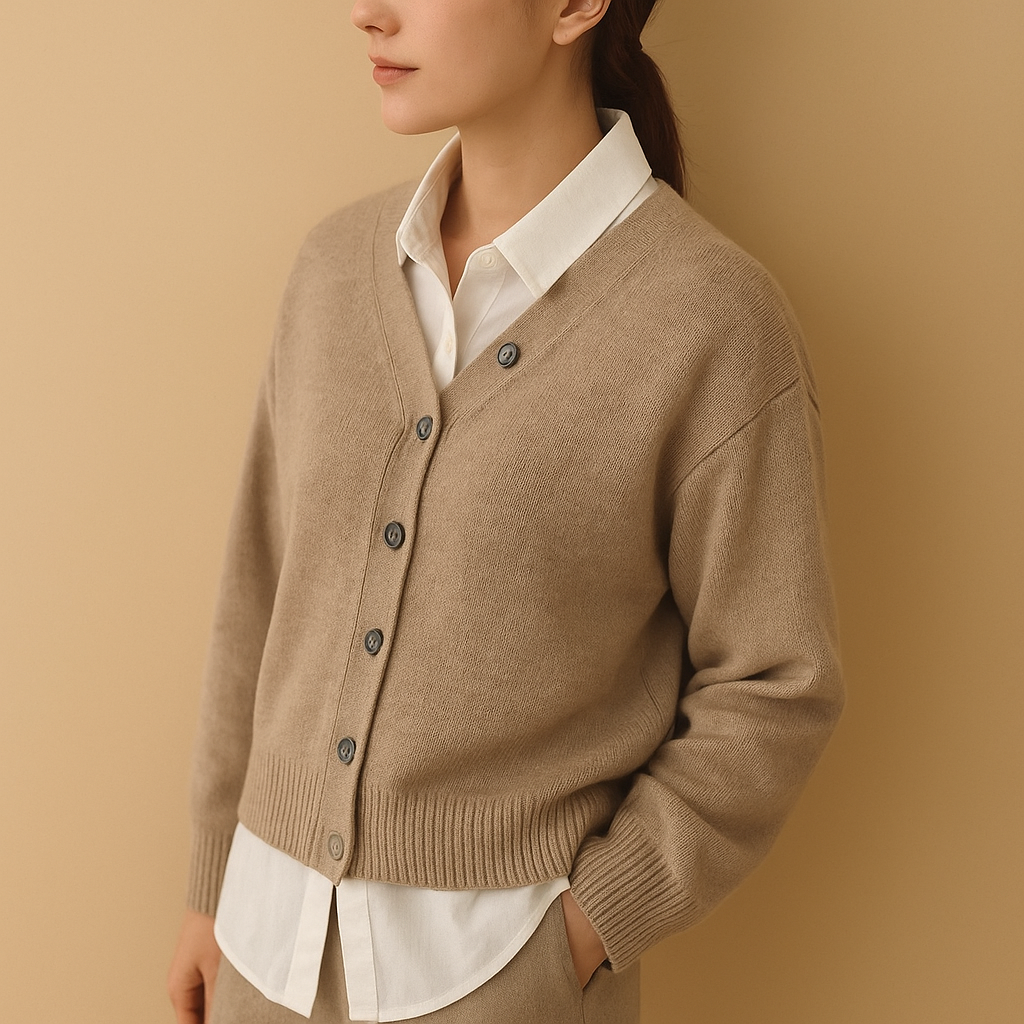 Dames wikkelvest van kasjmier met asymmetrische knoopsluiting, perfect voor stijlvolle en warme outfits.
