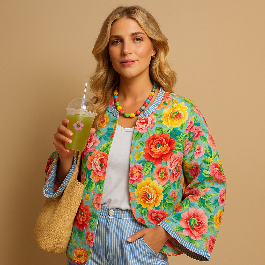 Damesjas van katoen met opvallende print en knoopsluiting, perfect voor casual looks en dagelijks comfort.