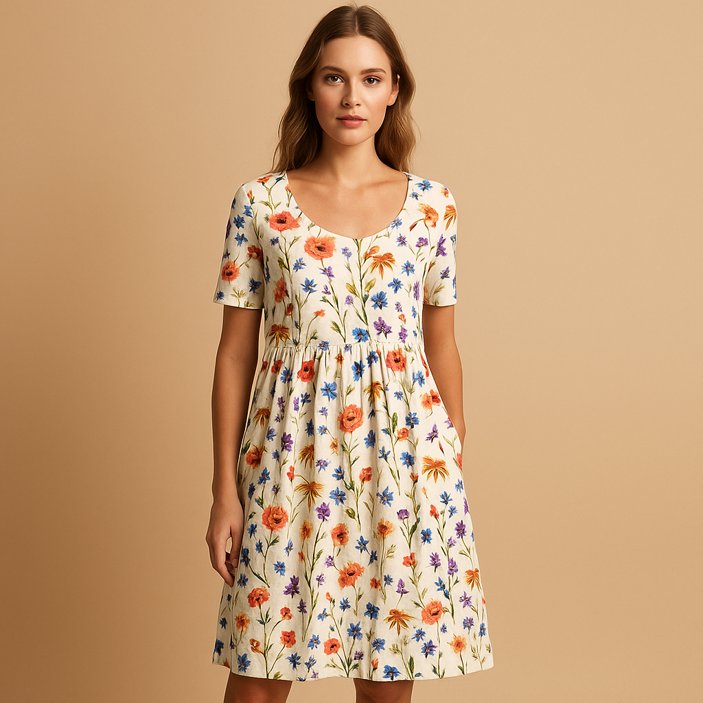 Luchtige katoenen midi-jurk met zomerse prints voor dames, licht getailleerde pasvorm en speels ontwerp, ideaal voor warme dagen en vakanties.