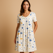 Luchtige katoenen midi-jurk met zomerse prints voor dames, licht getailleerde pasvorm en speels ontwerp, ideaal voor warme dagen en vakanties.