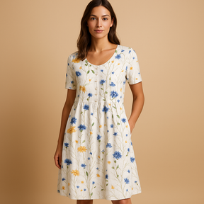 Luchtige katoenen midi-jurk met zomerse prints voor dames, licht getailleerde pasvorm en speels ontwerp, ideaal voor warme dagen en vakanties.