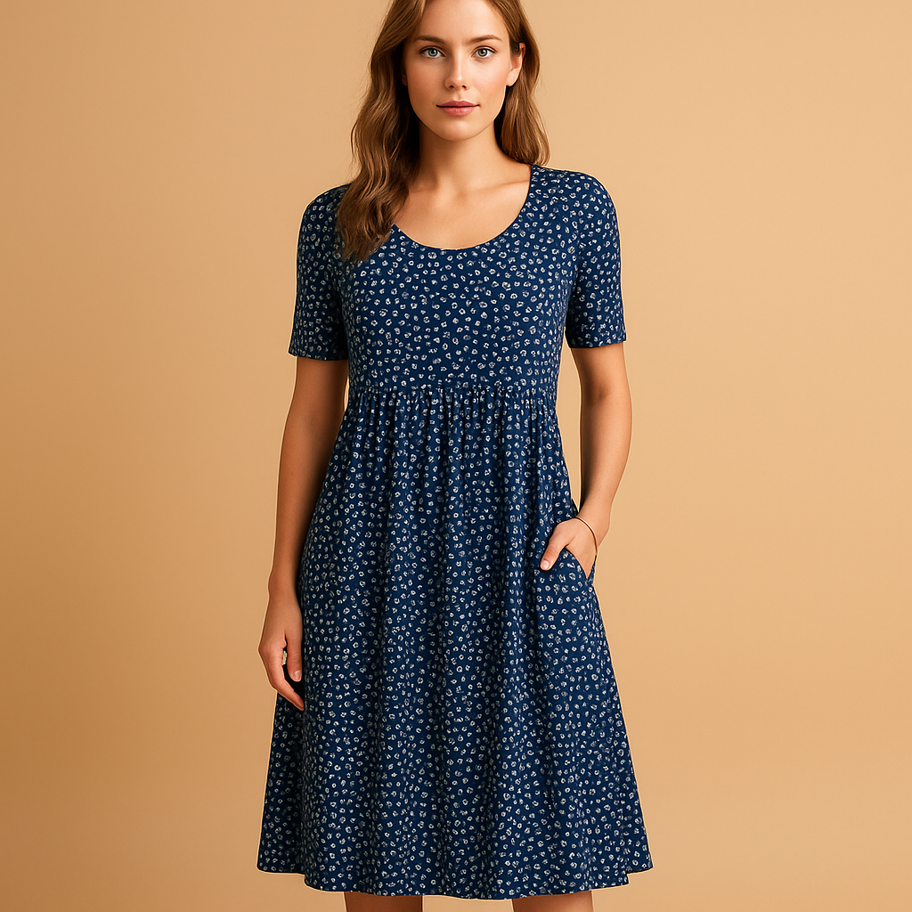 Luchtige katoenen midi-jurk met zomerse prints voor dames, licht getailleerde pasvorm en speels ontwerp, ideaal voor warme dagen en vakanties.