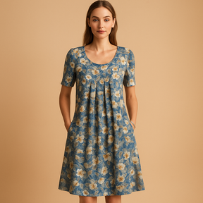 Luchtige katoenen midi-jurk met zomerse prints voor dames, licht getailleerde pasvorm en speels ontwerp, ideaal voor warme dagen en vakanties.