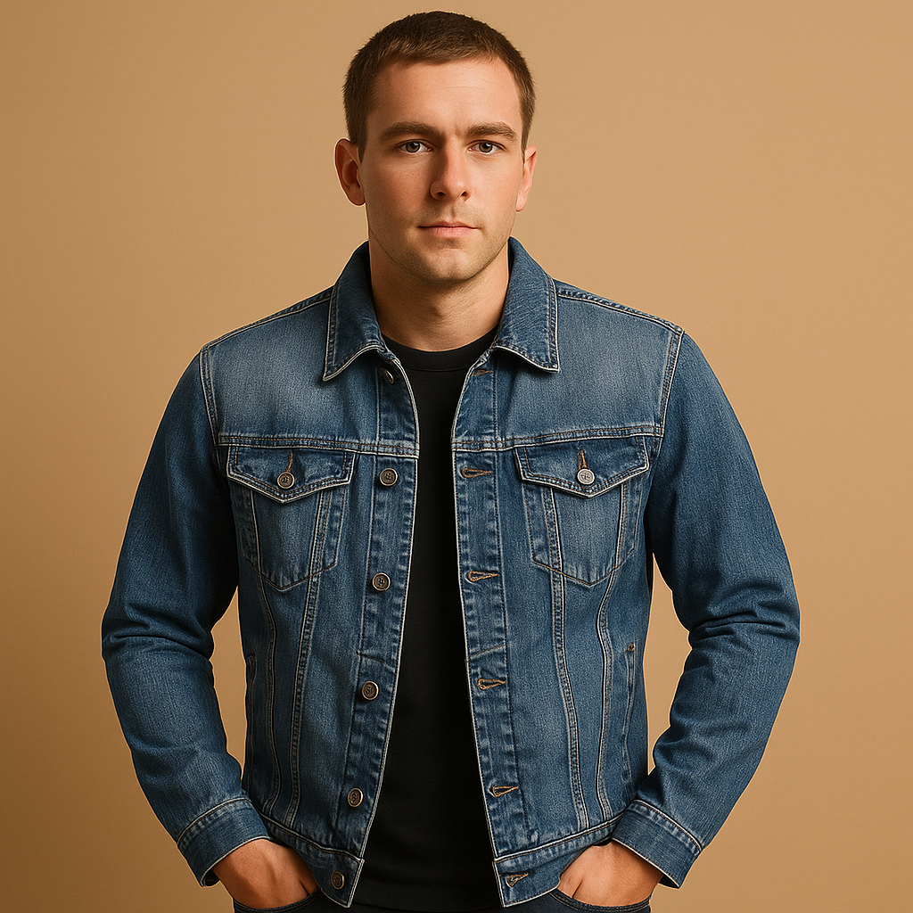 Klassieke denim jas voor heren in blauwe wassing met comfortabele pasvorm, ideaal voor dagelijks gebruik en casual outfits.