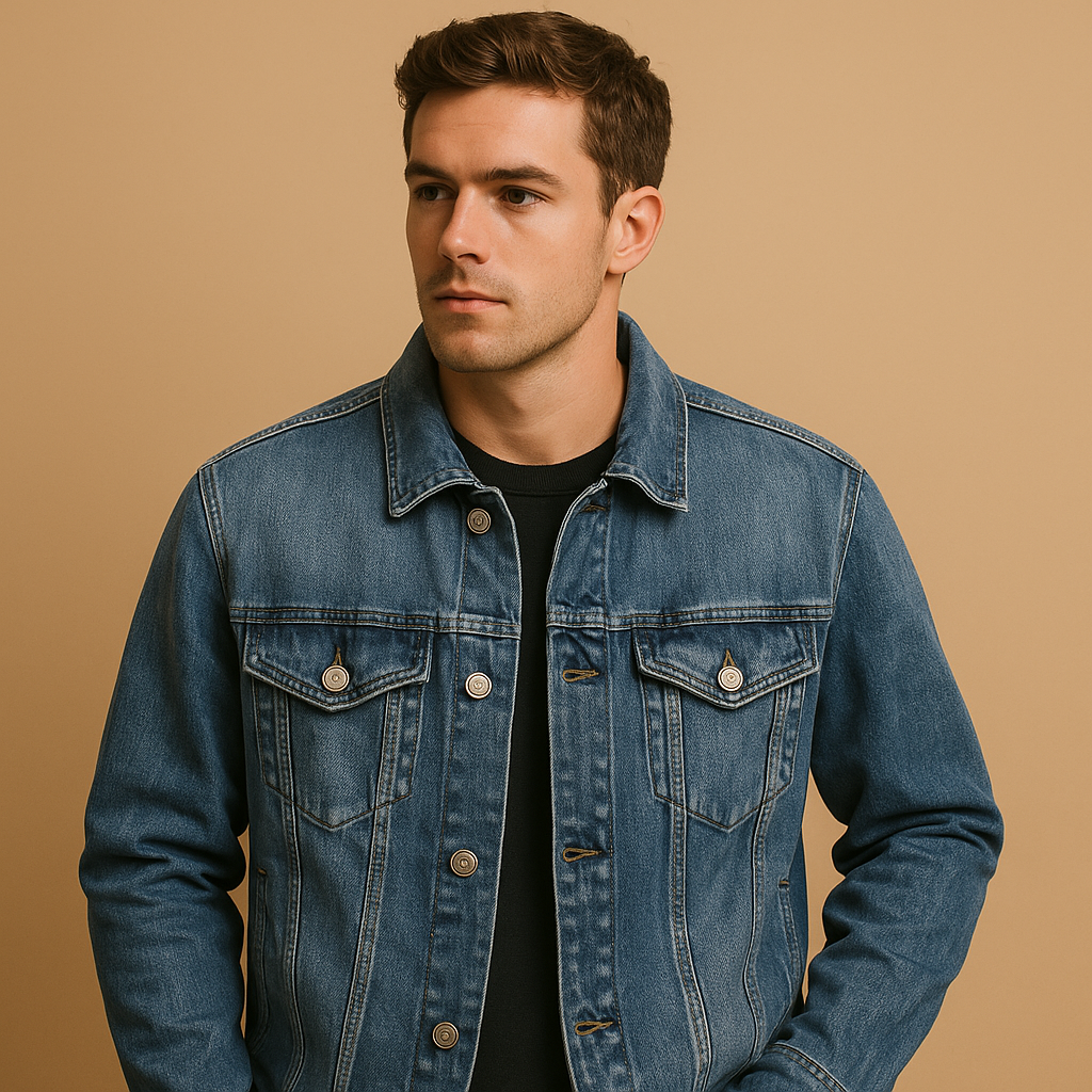 Klassieke denim jas voor heren in blauwe wassing met comfortabele pasvorm, ideaal voor dagelijks gebruik en casual outfits.