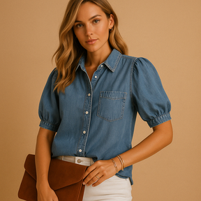 Klassieke damesblouse van denim met knoopsluiting en getailleerde pasvorm, ideaal voor herfstoutfits en casual combinaties