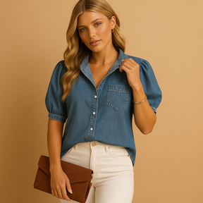 Klassieke damesblouse van denim met knoopsluiting en getailleerde pasvorm, ideaal voor herfstoutfits en casual combinaties