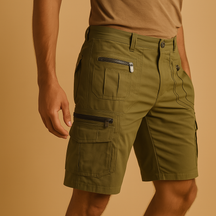 Heren cargoshort tot op de knie met meerdere rits- en klepzakken, perfect voor outdoor, reizen en casual zomerdagen.