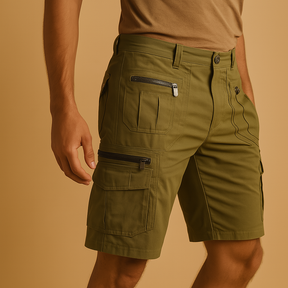 Heren cargoshort tot op de knie met meerdere rits- en klepzakken, perfect voor outdoor, reizen en casual zomerdagen.