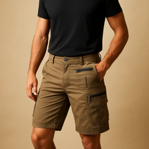 Heren cargoshort tot op de knie met meerdere rits- en klepzakken, perfect voor outdoor, reizen en casual zomerdagen.