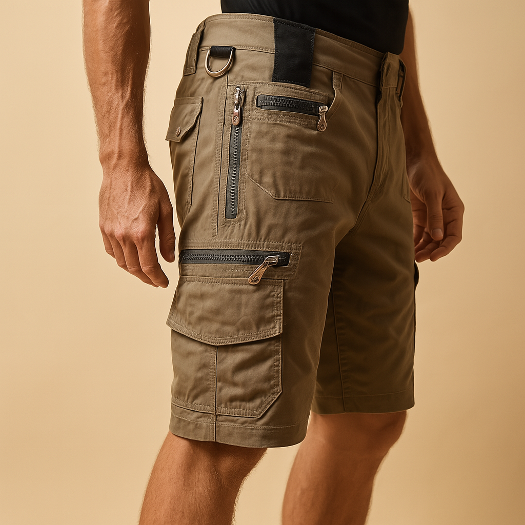 Heren cargoshort met meerdere zakken in effen kleuren – comfortabele pasvorm en duurzaam ontwerp voor dagelijks gebruik en buitenactiviteiten.