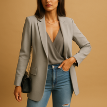 Elegante lange blazer voor dames met verlengend silhouet en luxe pasvorm, geschikt voor werk, casual en formele gelegenheden.
