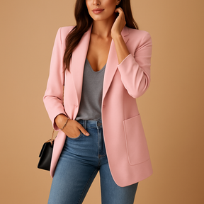 Elegante lange blazer voor dames met verlengend silhouet en luxe pasvorm, geschikt voor werk, casual en formele gelegenheden.