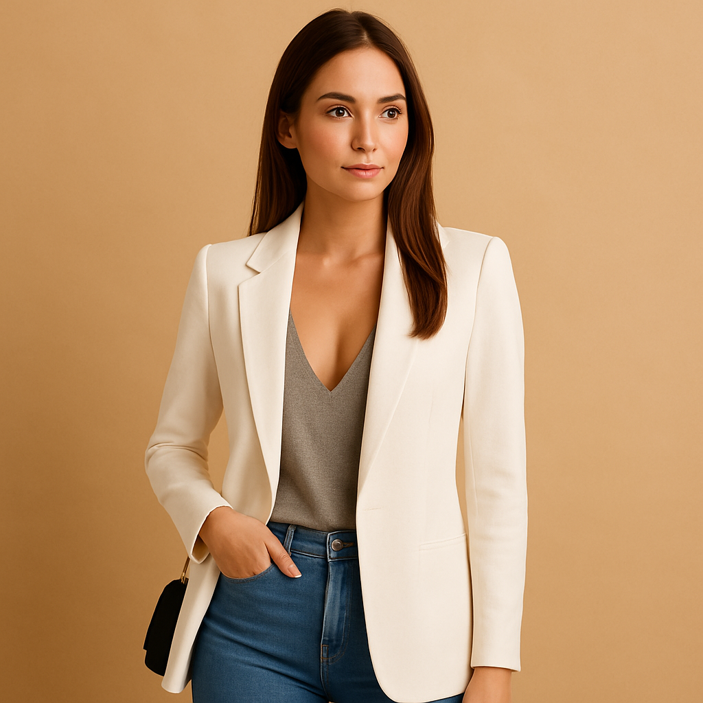 Elegante lange blazer voor dames met verlengend silhouet en luxe pasvorm, geschikt voor werk, casual en formele gelegenheden.