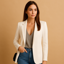 Elegante lange blazer voor dames met verlengend silhouet en luxe pasvorm, geschikt voor werk, casual en formele gelegenheden.