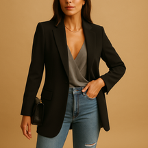 Elegante lange blazer voor dames met verlengend silhouet en luxe pasvorm, geschikt voor werk, casual en formele gelegenheden.