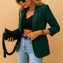 Lange elegante blazer voor dames in klassiek zwart, ideaal voor kantoor en zakelijke gelegenheden.