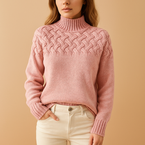 Dames coltrui in gebreide stof met hoge hals in roze, groen of blauw. Perfect voor winterse lagen en casual outfits.