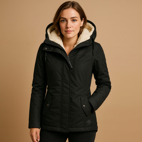Lange elegante winterjas voor dames in zwart, beige of grijs, met getailleerde pasvorm en isolerende voering voor koude dagen.
