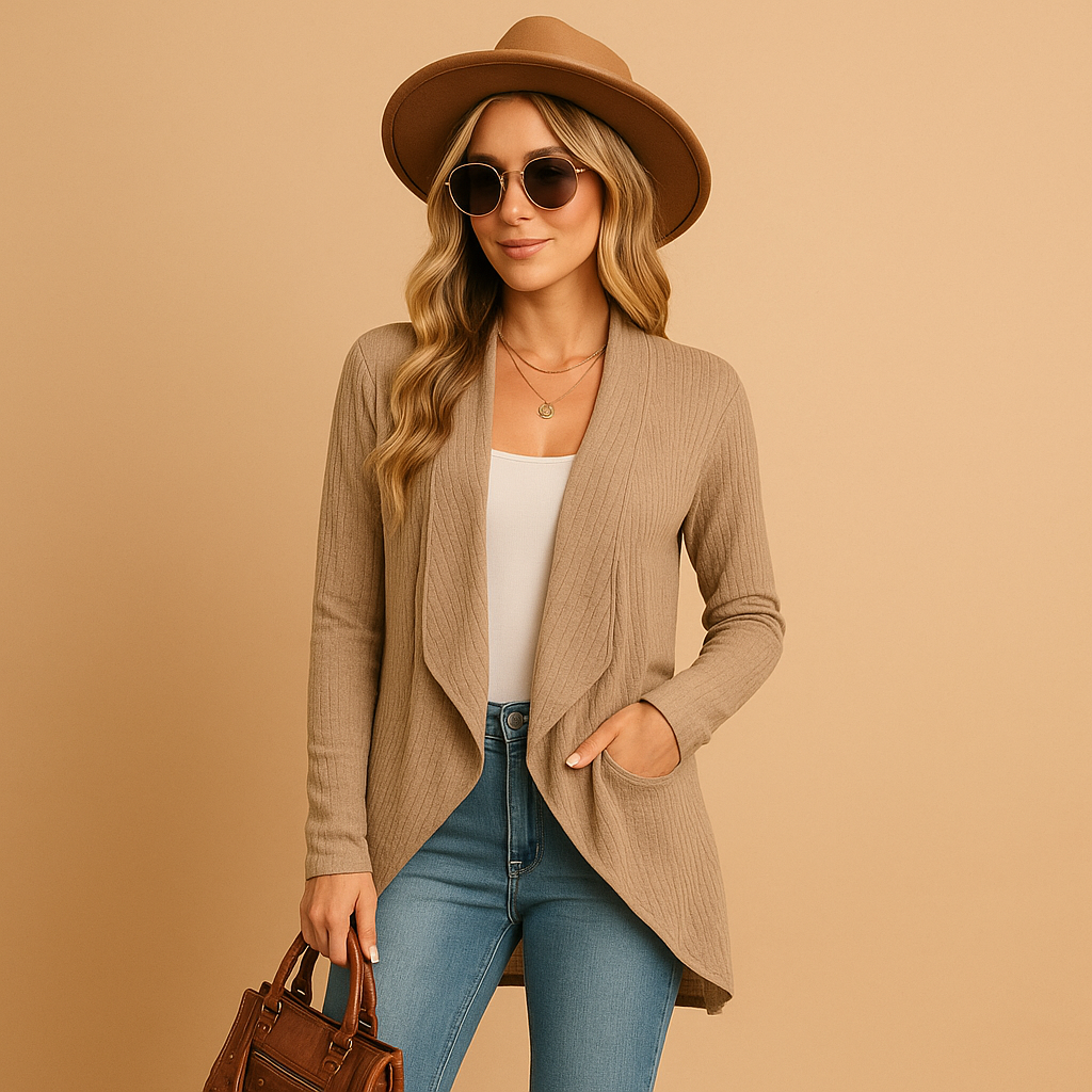 Lange gebreide cardigan voor dames in zachte stof en effen kleuren, ideaal voor layering in lente en herfst met een elegante en casual look.