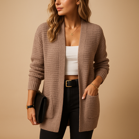 Lang damesvest met V-hals en zakken in effen kleuren, ideaal voor laagjes in herfst en winter of voor comfortabel loungen thuis
